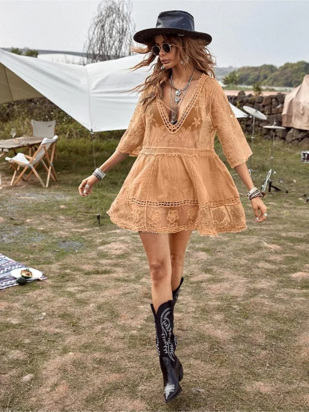 Women Apricot Rayon V-Neck Coverup Sheer Mesh Lace Bathing Suit Swimsuit Coverup